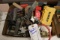 Box of assorted tools, air blowers, utility knives, drills