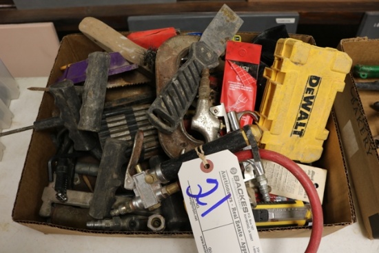 Box of assorted tools, air blowers, utility knives, drills