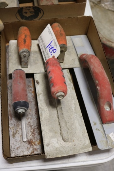 Box of mag and hand trowels with edger's