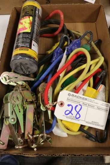 Box of bungee straps, foam ear plugs and ratchets