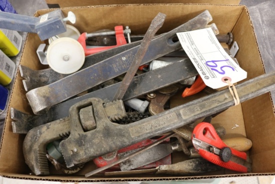 Box of flat bars, pipe wrench, scrapper and C clamp