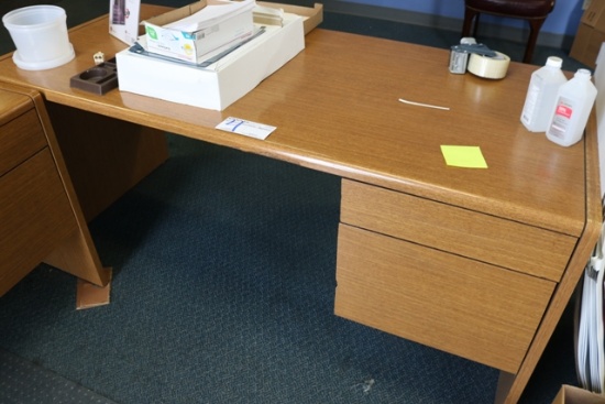 30" x 66" single pedestal office desk - some chips in the laminate - as is