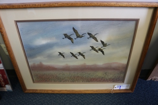 30" x 37" oak framed George Wise "A flight - Canadian Geese" - 1983