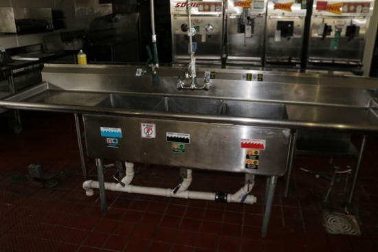 108" stainless 3 bin sink with drain drops, pre rinse and drain boards