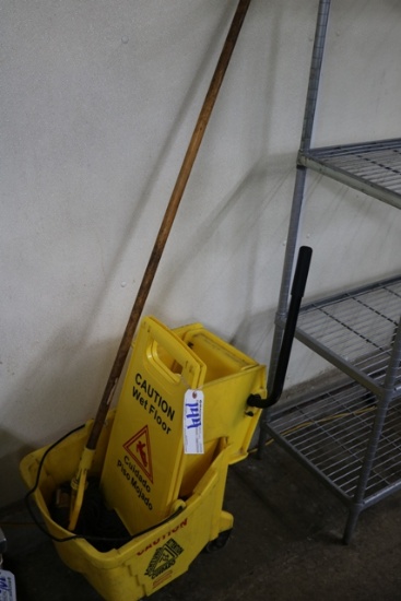 Mop bucket with mop & caution sign