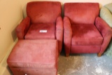 Pair of red sitting chairs & ottoman