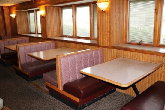 Times 9 - Mauve & Marroon vinyl 4 person booths with 34" x 46" oak edged, p