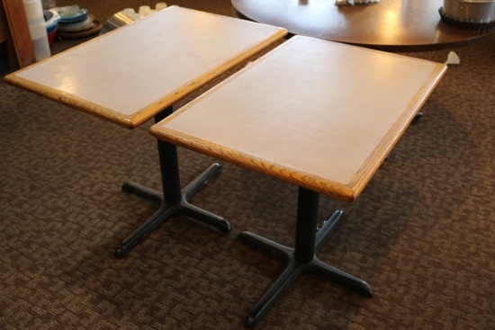 Times 4 - 24" x 36" oak edged, red formica top tables