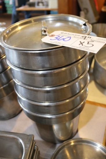 Times 5 - 9" round stainless inset pans with 2 lids