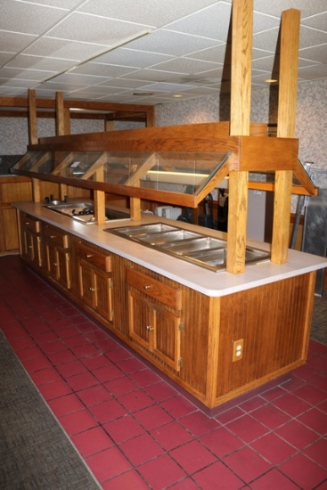 42” x 168” oak hot & cold buffet table w/ 4 well steam table & 56” refriger