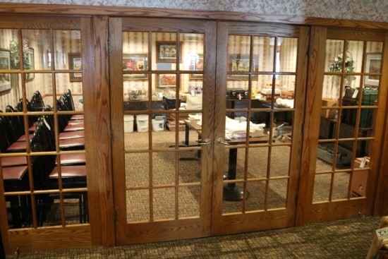72" Oak double glass French doors w/ glass side panels