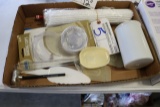 Box of bakery utensils, spatulas, baking cups, plastic dowels