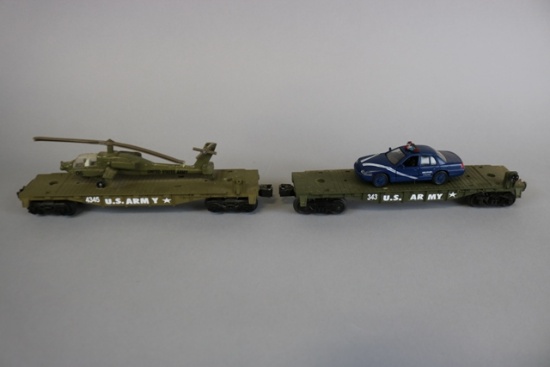Times 2 - US Army military flat cars with police car & helicopter - custom