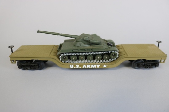 MTH US Army drop deck rail car with Solido Sherman M4 tank - (tank cost $50