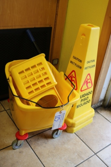 Mop bucket with wet floor/caution cones