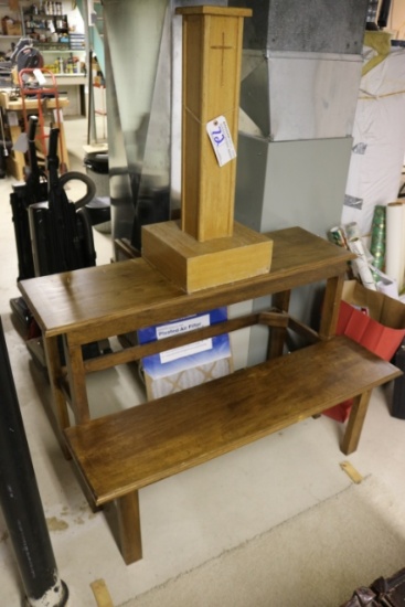 2 tier wooden bench and pine stand