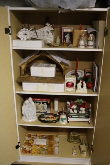 30" x 60 " white cabinet with Christmas related items