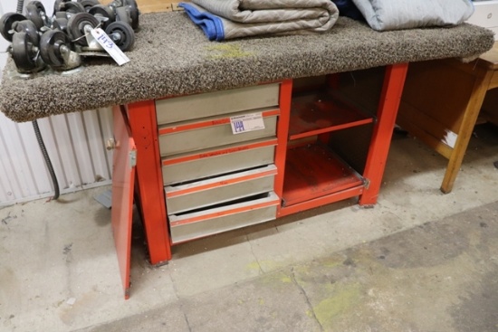 Metal shop cabinet with carpeted top