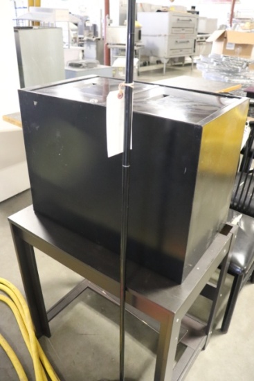 Metal file cabinet, floor lamp, wood table