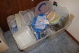 2 totes of plastic containers and Tupperware
