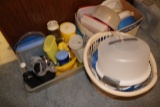 3 boxes of plastic containers and Tupperware