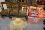 3 school chairs, tote of collectibles (Wheaties)