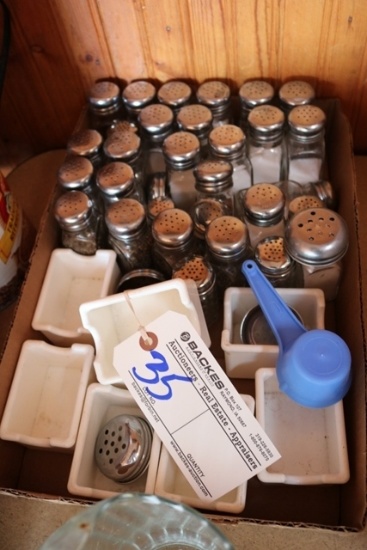 Box of salt & pepper shakers, white packet holders