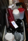 Booth seat w/ Tupperware, containers, cups, water pitchers, misc.