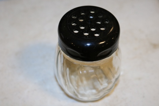 Case to go - 12 glass new cheese shakers with black lids