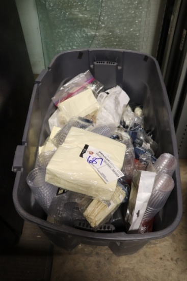 Large tote of plasticware - cups, silverware, & napkins