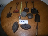 All to go  Miniature cast iron pot, tin shovels and irons