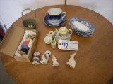 All to go  Childs Tea Set and Blue Dishes, Paper Mache Rabbit  made in Germ