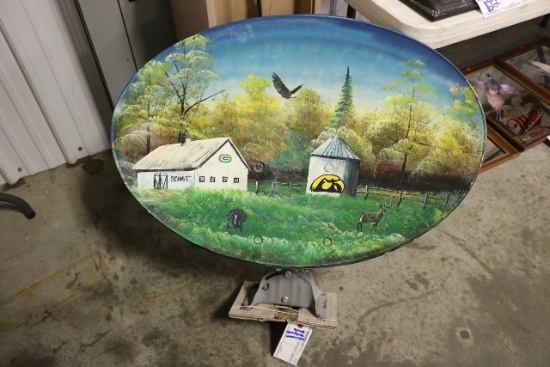 Dish antenna with homemade painted farm scene