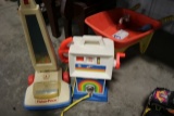 Fisher price vacuum, wheel barrel, gas pump