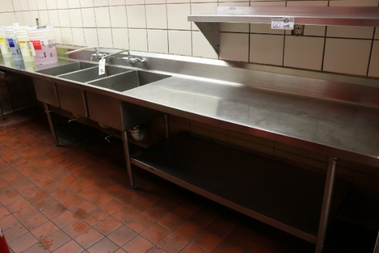 192" stainless 3 bin sink with drain drops & large double drain boards & wo