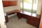 5' x 9' cherry finish L shaped office desk with overhead 2 door cabinets