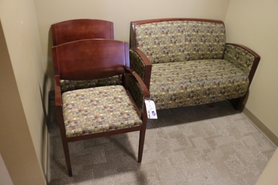 Set of 3 - 2) cherry finish, plaid patterned captains chairs & 1) 48" cherr