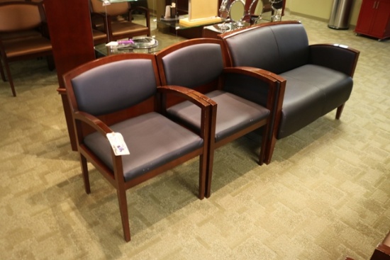 Set of 3 - 2) cherry finish, navy vinyl captains chairs & 1) cherry finish,
