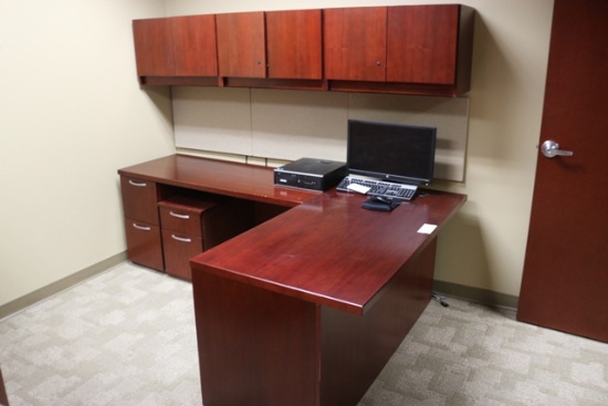 60" x 90" cherry finish "L" shaped office desk with upper cabinets