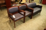 Set of 3 - 2) cherry finish, navy vinyl captains chairs & 1) cherry finish,