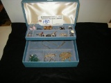 Costume Jewelry box with Contents, clip on earrings, rings and necklaces