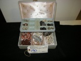 Costume Jewelry box with Contents, clip on earrings, necklaces