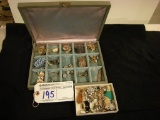 Costume Jewelry box with Contents, broaches, clip on earrings