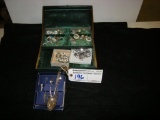 Costume Jewelry box with Contents, clip on earrings, necklaces