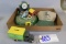 Box of John Deere clocks, hat, saving bank truck & misc.