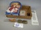 Box of advertisement, Rath yellow piggy bank, Jensen Tools ice pick, Farmer