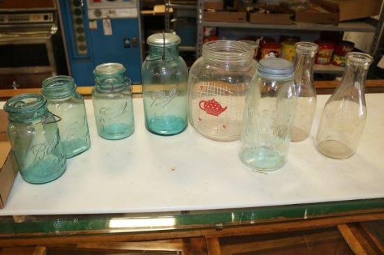 Box of blue of canning jars, Mason jar, 2 milk bottles & cookie jar w/ chip on lid edgel