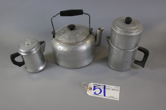 Aluminum kettle & 2 West Bend coffee pots