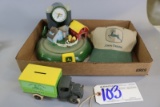 Box of John Deere clocks, hat, saving bank truck & misc.
