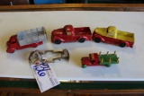 Box with 2 silk toys, car frame, metal stake truck & wood truck